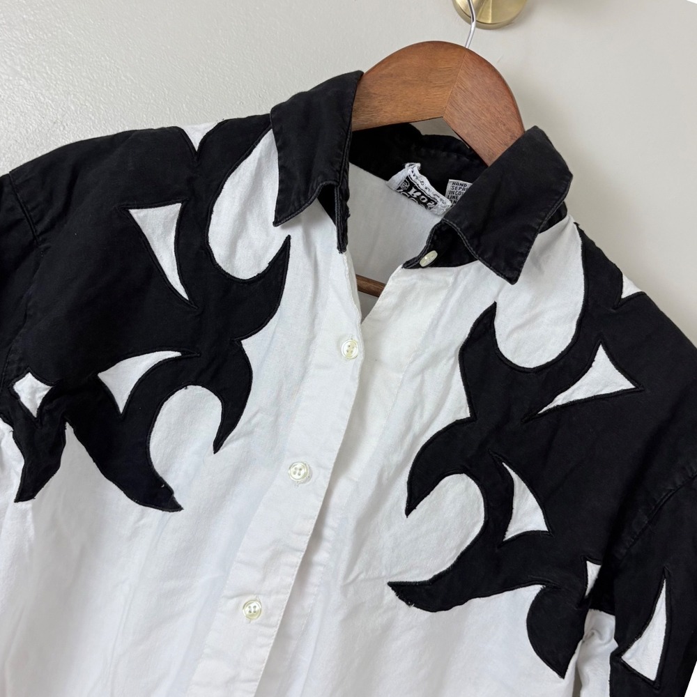 Adobe Rose Western Button Down Shirt Womens S White Black Applique 90s Vintage